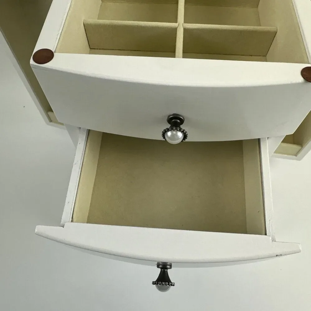 White Solid Wood Jewelry Box Tower Style 4 Drawers Organizer Side Doors Necklace